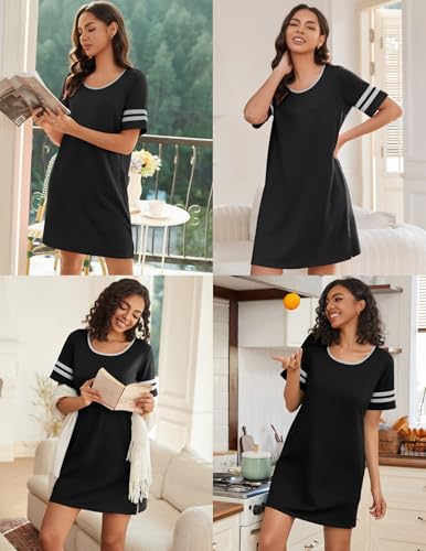 Ekouaer Womens Nightgowns Short Sleeve Cotton Sleepwear Crew Neck Loungewear Color Block Nightshirt Summer Dresses4
