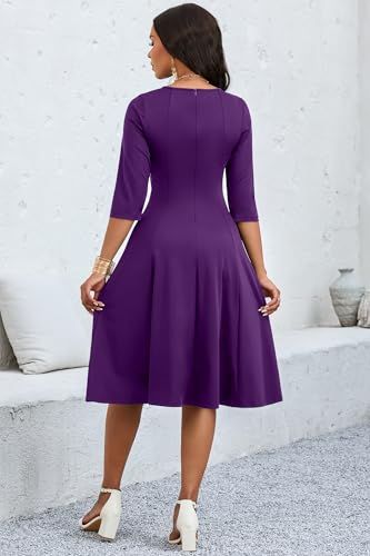 Image of CLOCOR Casual Midi Dresses for Women A-Line Fit and Flare Elegant Church 3 /4 Sleeve Crew Neck Dress with Pocket