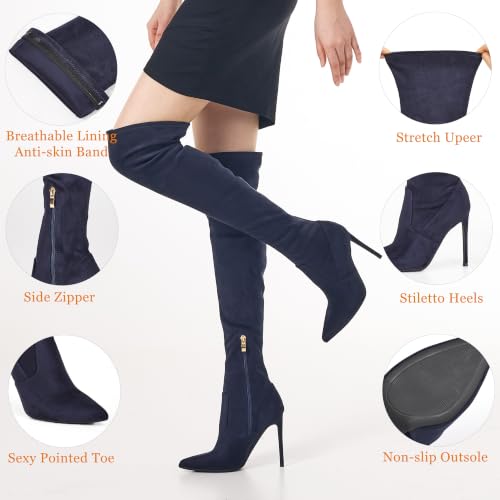 Image of GENSHUO Women's Over the Knee Boots Stiletto Pointed Toe Thigh High Heel | Stretchy Thigh High Long Boots with Side Zipper, Sexy Slim Fit Tall Heeled Boot for Club Party Evening Dress Wear