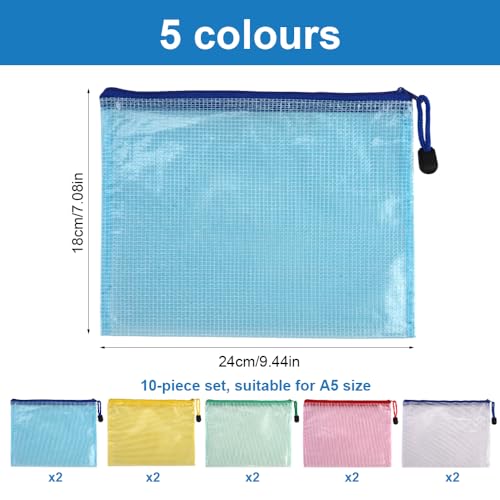 10 Stück Dokumententasche A5, Wasserdichte Mesh-Taschen Reißverschlusstasche, Dokumententasche mit Reißverschluss, Bunt Dokumententaschen Große Kapazität für Datei,Dokumente,Hausaufgaben,Reisezubehör