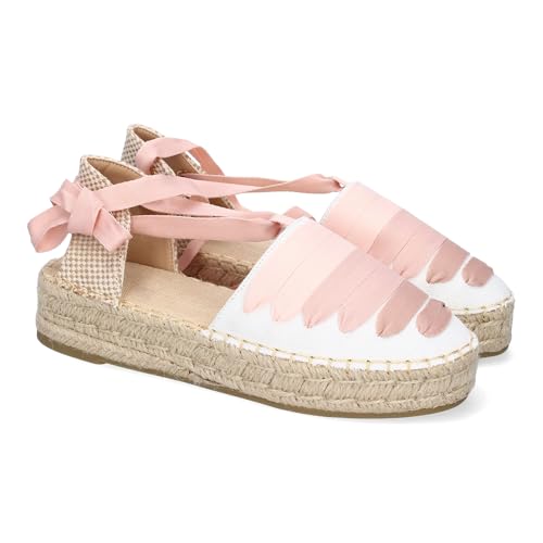 92392 Alpargarta Plana Estilo Valenciana para Mujer, Comodas y Elegantes, Diseno Moderno con Cintas en la Pala Decorativas y Cierre de Cintas al Tobillo, Ideales para Primavera-Verano. Rosa Talla 40
