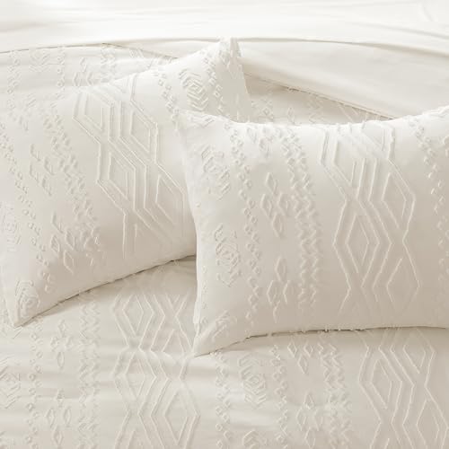 Image of AMBERSPACE King Size Comforter Set White, Tufted Boho Bedding Farmhouse Bed Set, All Season 7 Pieces Bed in a Bag with Sheets, Pillowcases & Shams