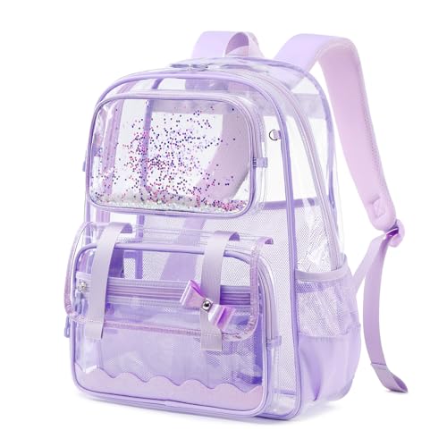 QIXIHU Clear Backpack for Girls Transparent Backpack See Through Backpacks Stadium Event Heavy Duty Clear Bookbag for School Purple