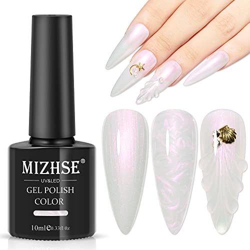 MIZHSE UV Nagellack Pearl, UV Gel Weiß, Rosa Schimmernd, Nagelgel für Nägel/Nageldesign/Nail Art, Aurora Shimmer Shell Effect, Weiß, 10ml