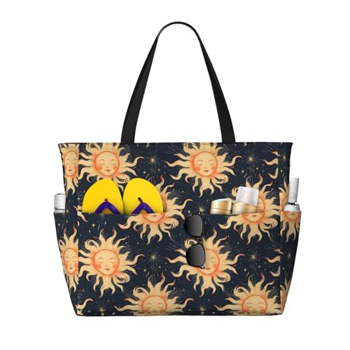 Large Beach Bags for Women Sandproof - Cute Sun Navy Blue Print Summer Travel Work Tote Bags with Zipper