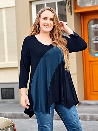 Larace Color Block 3/4 Sleeves Tops For Women Plus Size Tunic V-Neck Flattering Handkerchief Tee Shirt(Navy Blue 2X) #TOP2