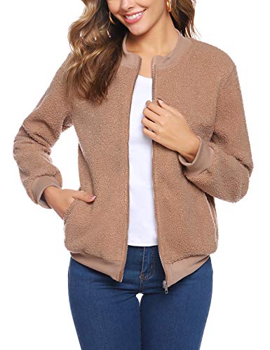 iClosam Womens Long Sleeve Full Zipper Fuzzy Fleece Pullover Jacket Outwear Sweatshirt Warm Sherpa Coat with Pocket Kahki
