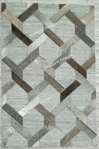 Modern Design Patchwork Cowhide Area Rug, Natural Leather & Jacquard Hair on Hide Carpet, Geometric Pattern (Grey, 10x14)