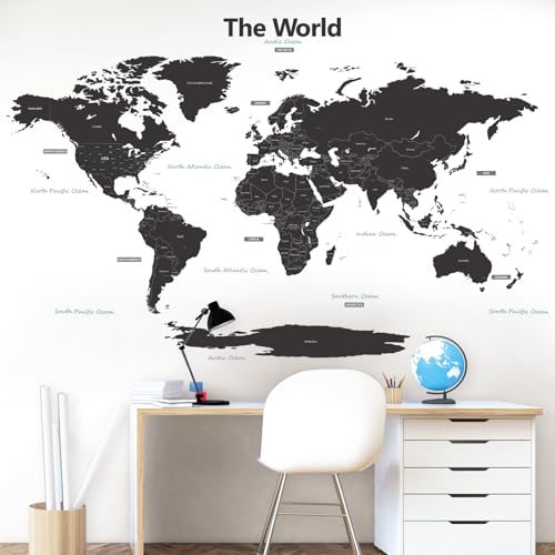 DECOWALL DL3-1609G Extra groß Moderne Graue Weltkarte Wandtattoo (164x90 cm) Wandsticker Wandaufkleber Wanddeko für Wohnzimmer Schlafzimmer Kinderzimmer (Englisch Ver.)