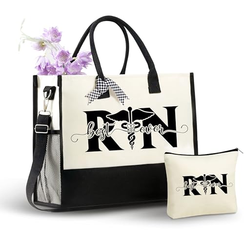 Image of InnoBeta Registered Nurse Gifts Canvas Tote Bag for Women with Top Zipper Closure and Shoulder Strap