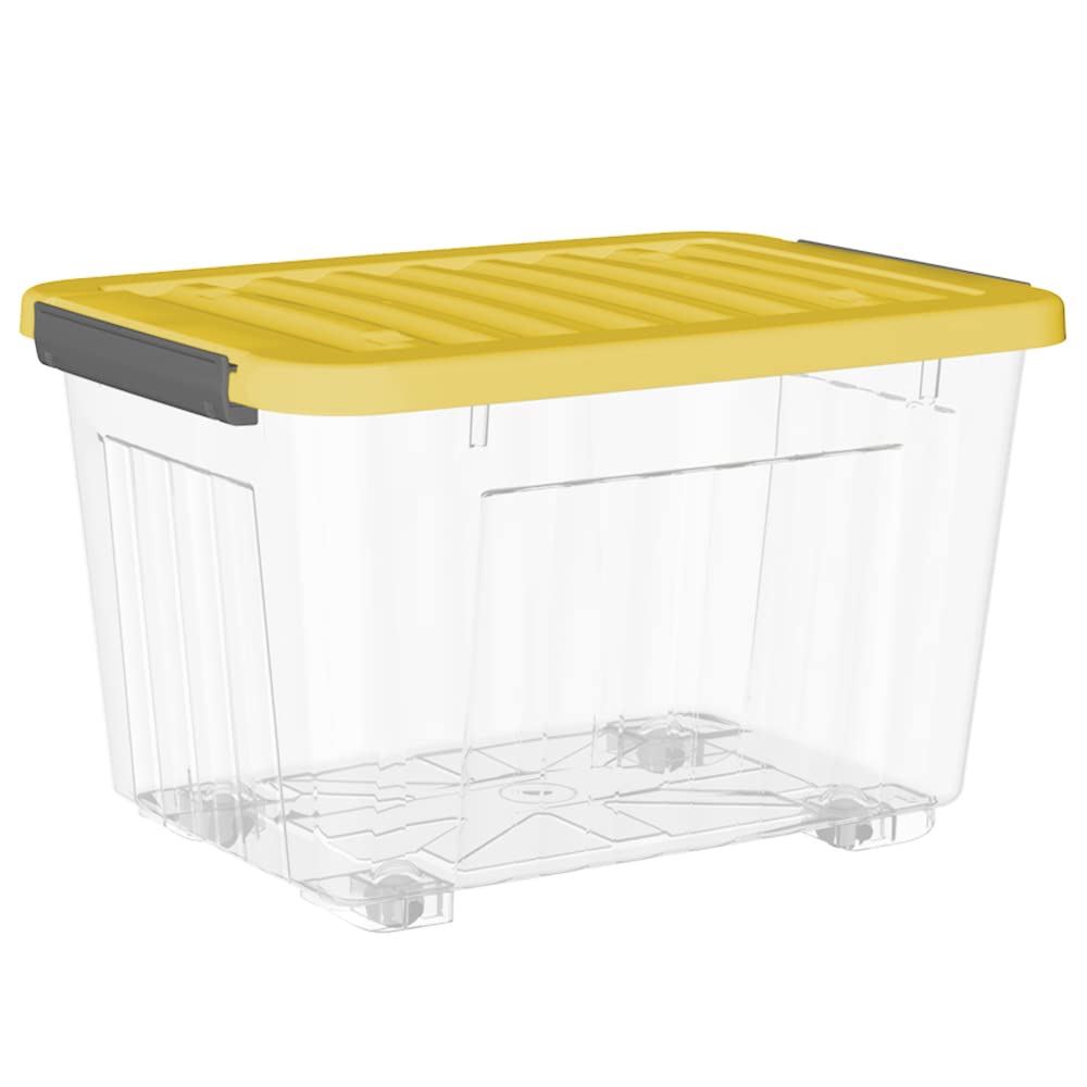 Cetomo 80L*4 Cajas de Almacenamiento con Tapas, Contenedores de Plástico con Ruedas, Clip On, Apilables, Encajables, Organizador Rayado para Oficina en Casa, Amarillo & Claro, 80L-4 Pack