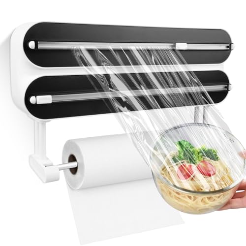 Dispensador de papel de aluminio 3 en 1: soporte magnético para rollos de pared para cocina, cortador de láminas ABS, dispensador multifuncional y dispensador para cocina (D4 negro/50 m) Dispensador de papel de aluminio 3 en 1: soporte magnético para rollos de pared para cocina, cortador de láminas ABS, dispensador multifuncional y dispensador para cocina (D4 negro/50 m)