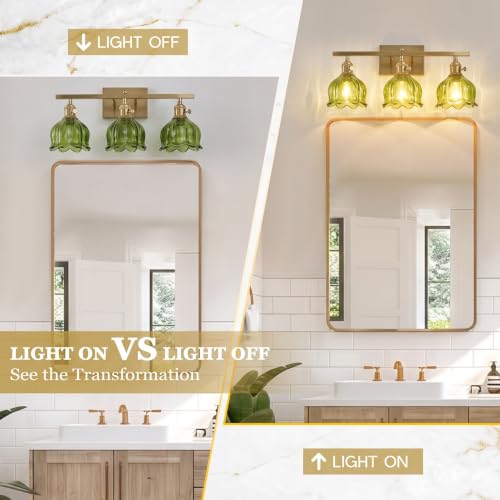 Image of 3-Light Vintage Bathroom Vanity Light, 19.4 inch Brass Hardwired Wall Sconce with Amber Tulip Glass Shades, Brushed Gold Vanity Light for Mirror, Restroom, Bedroom (Green, 3-Light)