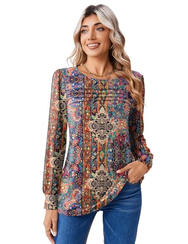 Zeagoo Long Sleeve Shirts for Women Casual Fall Fashion Crewneck Pleated Tunic Tops Work Outfit Blouse2