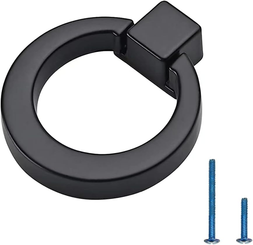 Myxekllo 4Pcs Black Cabinet Ring Pulls, Zinc Alloy Matte Black Drawer Handles, Single Hole Design for Drawer, Kitchen Cabinet, Wardrobe, Dresser