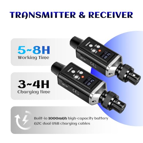 Sistema inalámbrico de micrófono UHF: 1 transmisor y 2 receptores, con ganancia de audio integrada y conmutación de alimentación fantasma 48V/0V. Compatible con micrófonos dinámicos y de condensador. miniatura 4