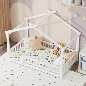 LLS Twin House Bed with Fence, Wooden Montessori Bed with Slats Support, Floor Bed Frame for Boys Girls Bedroom, White LLS Twin House Bed with Fence Wooden Montessori Bed with Slats Support Floor Bed Frame for Boys Girls Bedroom White