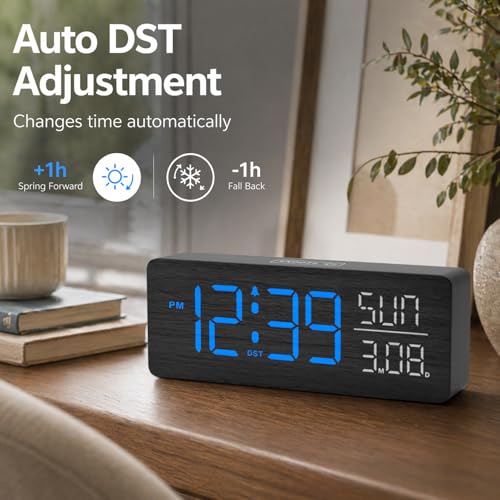 Image of Peakeep Wooden Digital Alarm Clock Large Display, Textured Decoration | for Bedroom Living Room Desk Table, Electric Plug-in Clock Battery Backup with Time Date Day, 5 Brightness, Auto DST