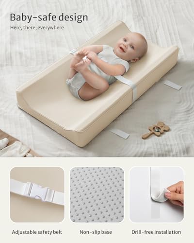 Image of Blissful Diary Vegan Leather Baby Changing Pad with Waterproof & Wipe-Clean PU Cover, Standard Size Cozy Diaper Changing Pad for Dresser and Table, Beige