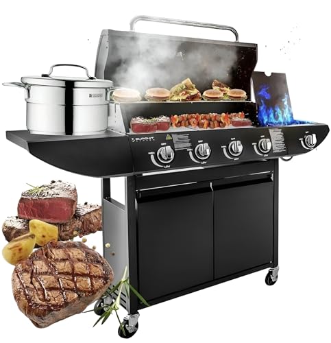 Campfire Original Barbecue BBQ 5 Gas Burner 4+1 Garden Grill Steel Warming Rack Side-Burner Storage & Built-in Temperature Gauge for Home Garden Party Outdoor Cooking