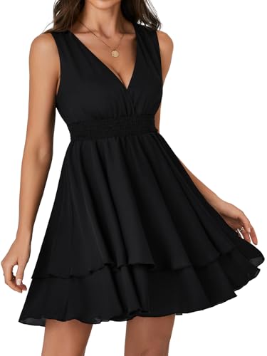 Image of Rooscier Women's Layer Ruffle Flowy Wrap V Neck Casual Dress Sleeveless Smocked Summer Mini Dress
