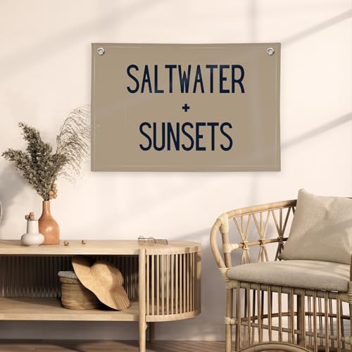 Image of Beach Room Decor Banner, Boho Coastal Saltwater Sunsets Wall Art Linen Canvas Banner Flag for Aesthetic Room Decor, Playroom Nursery Surf Decor,Housewarming Gift, Beach Gifts boyroom