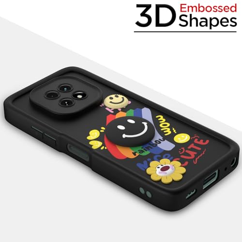 Image of Pikkme Back Cover for Realme C63 5G | Soft Silicone| Cute Rainbow Smile & 3D Cartoon Flower Design | Shockproof Raised Camera Protection Bumper Case (Black)