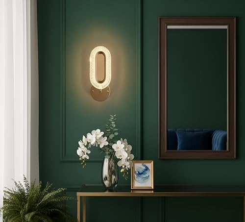 Image of Elegant Crystal LED Wall Sconce Light | Gold Finish Oval Shape Lamp with Clear Acrylic Shade | 3-Step Color Changing Decorative Wall Light for Bedroom, Hallway, Living Room, Bathroom