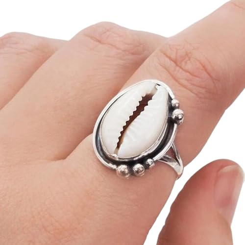 Cowrie 925 Sterling Silver Ring For Women Girls Cowrie Ring Natural Beach Shell Ring Hammered Statement Jewelry For Women Mothers Day Ring Gift For Her By Saanvi Jewellery