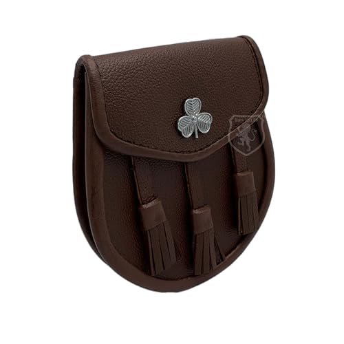 Image of Scottish Original Leather Sporran with Leather Belt & Chain (Brown Leather Shamrock Flower Sporran)