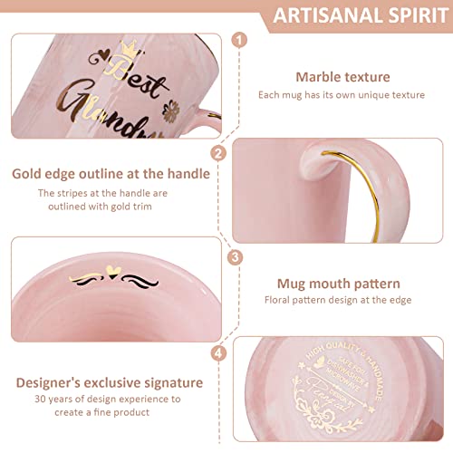 Gifts for Grandma - Best Grandma Ever Mug, Unique Christmas Birthday Gifts for New Grandmas from Granddaughter Grandson - 14Oz Pink Marble Ceramic Coffee Mugs Print with Gold - Lid Spoon Card, Box