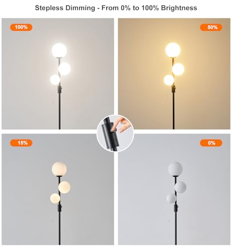 Image of Fiqevs Upgraded Dimmable 3 Globe Mid Century Modern Floor Lamp, 3 x 3000K Warm Light LED Bulbs Included, Matt Black Standing Lamp with Sphere Glass Shade, Vintage Tall Lamp for Living Room, Bedroom