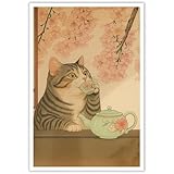Charming Tabby Cat Drinking Tea Japan Art Print Japanese Wall Decor Neutral Minimalist Poster Aesthetic Wall Art for Home and Office 12X16 in Unframed