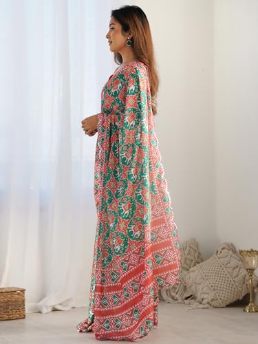 Image of Panzora Women's Chinon Printed Saree With Unstitched Blouse Piece