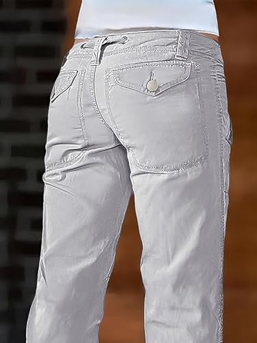 Flamingals Straight Leg Mid Waist Drawstring Solid Flap Pocket Pants for Women4