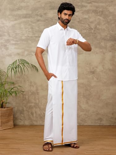 Image of Ramraj Cotton Men Cotton Blend Readymade White & Cream Dhoti With Gold Jari Border Genxt| Single Layer