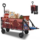 キャリーワゴン 後ろ開き 5.5kg軽量 耐荷重170kg 折りたたみ式 アウトドアワゴン 静音 ワイドタイヤ 自立収納 長尺物対応 キャンプ BBQ 釣り 引っ越し 運動会 荷物運び (レンガ色)