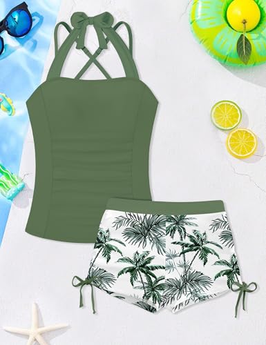 Image of Girls Swimsuit 2 Piece Halterneck Tankinis with Back Cross Straps Drawstring Shorts Girls Bathing Suit for Teens 9-18Y