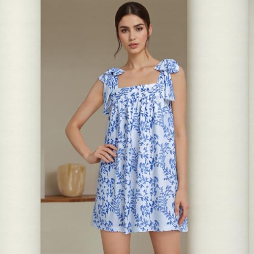 Image of Women Floral Tie Shoulder Mini Dress Cute Square Neck Loose Fit Beach Short Dress Backless Boho Vocation Sundress