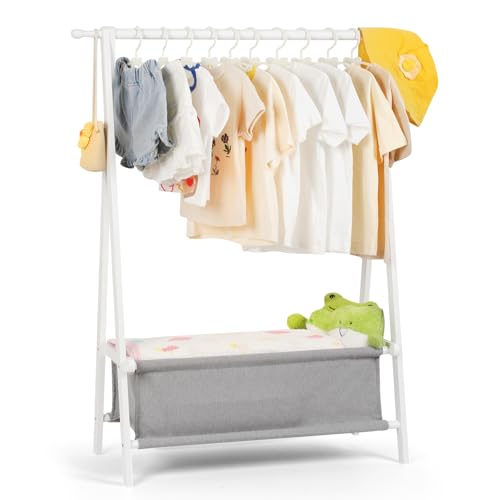 Relquorax Perchero de ropa para niños con almacenamiento, perchero de vestir, ropa infantil, ropa pequeña, para disfraz, bambú (blanco)