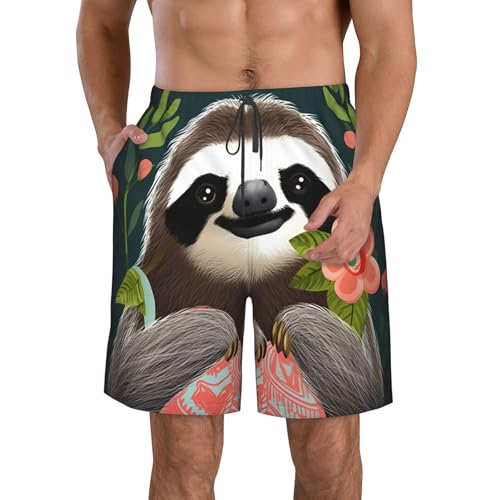 Cute Sloth Men's Swim Trunks Quick Dry Board Shorts with Pockets Casual Drawstring Beach Shorts - Main Image