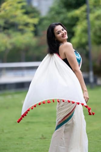 Image of Sudip callection Handloom Mul Cotton Saree for Women - Bottle Green with Pink Border Golden Zari Line & Tassel Pallu
