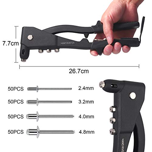Justech 10-inch Heavy Duty Hand Rivet Gun Set with 200PCs Rivets 4 Nosepieces 2.4mm 3.2mm 4.0mm 4.8mm, Single Hand Manual Rivet Tool
