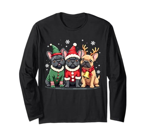 Bulldog Francés Navidad Perros Divertido Santa Reno Elfo Manga Larga
