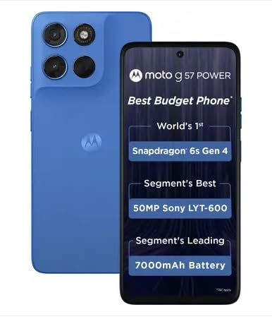 Motorola G57 Power 5G (Regatta, 8GB RAM, 128GB Storage) | Snapdragon 6s Gen 4 Processor | 6.72″ FHD+ Display | 50MP LYT-600 + 8MP Ultrawide | 8MP Selfie Camera | 7000mAh Battery, 33W TurboPower | IP64 Motorola G57 Power 5G (Regatta, 8GB RAM, 128GB Storage) | Snapdragon 6s Gen 4 Processor | 6.72″ FHD+ Display | 50MP LYT-600 + 8MP Ultrawide | 8MP Selfie Camera | 7000mAh Battery, 33W TurboPower | IP64