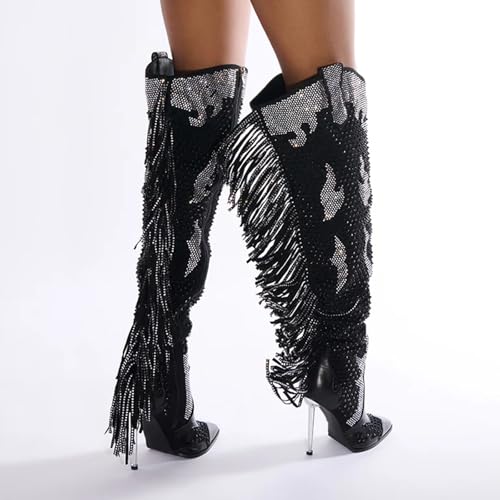 Rhinestone Fringe Over the Knee Boots for Women, Sparkly Cowgirl Western Cowboy Boots Pointed Toe Zipper Stiletto Heel Dress Casual Party Festival Wedding Vacation Shopping Boots4