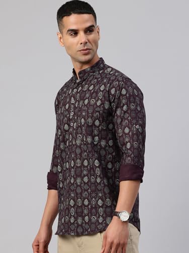 Image of Majestic Man Men's Pure Cotton Printed Mandarin Collar Regular Fit Roll-Up Sleeves Short Kurta
