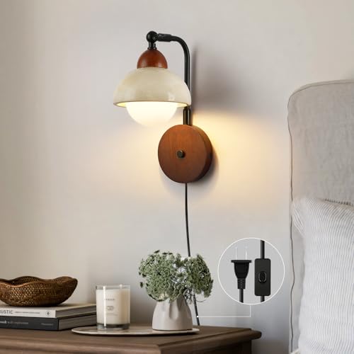Image of Yellow Travertine Wall Lamp, Wabi-Sabi Lighting Fixture Nordic Modern Marble Wall Sconce,Yellow Natural Stone Bedside Wall Lamps 9W, Wooden Base with Plug in Hardwired 2 in 1 Wall Lights for Bedroom