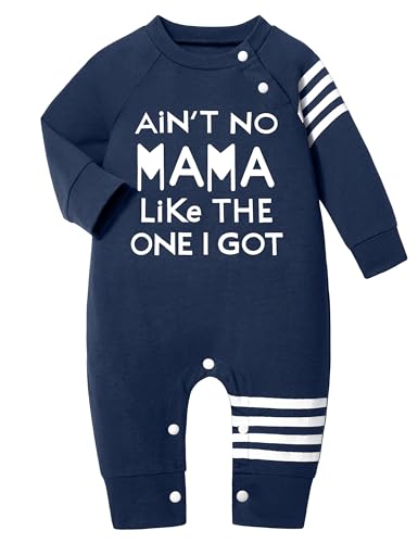 Image of Ribabz Baby Boy Clothes Infant Mamas Print Romper Stripe Sleeve Outfits Fall Winter Baby Clothing Jumpsuit