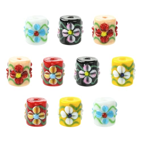 Ipotkitt 10 pcs 5 Colours 13mm Glass Column with Flower Beads Floral Painted Tube Spacer Beads for DIY Jewelry Crafts Bracelet Necklace Earrings Keychains Making
